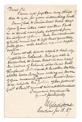 GLADSTONE, WILLIAM E. Two Autograph Letters Signed, WEGladstone, to diplomat Charles K. Tuckerman, concerning Ireland.